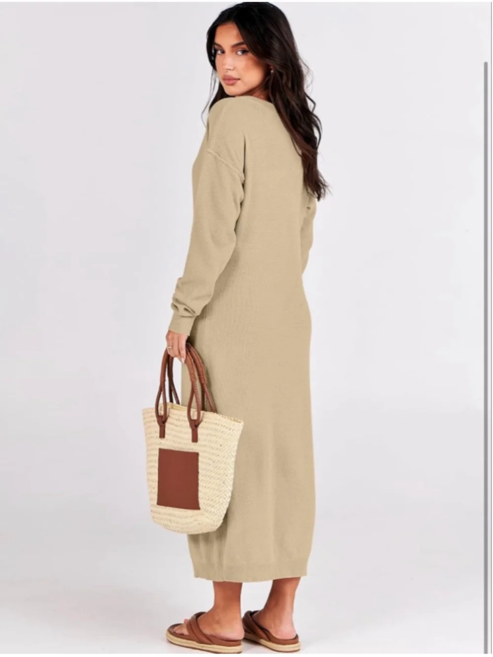 NEW ANRABESS Long Sleeve Button V Neck Oversized Sweater Waffle Midi Dress M - Picture 2 of 6